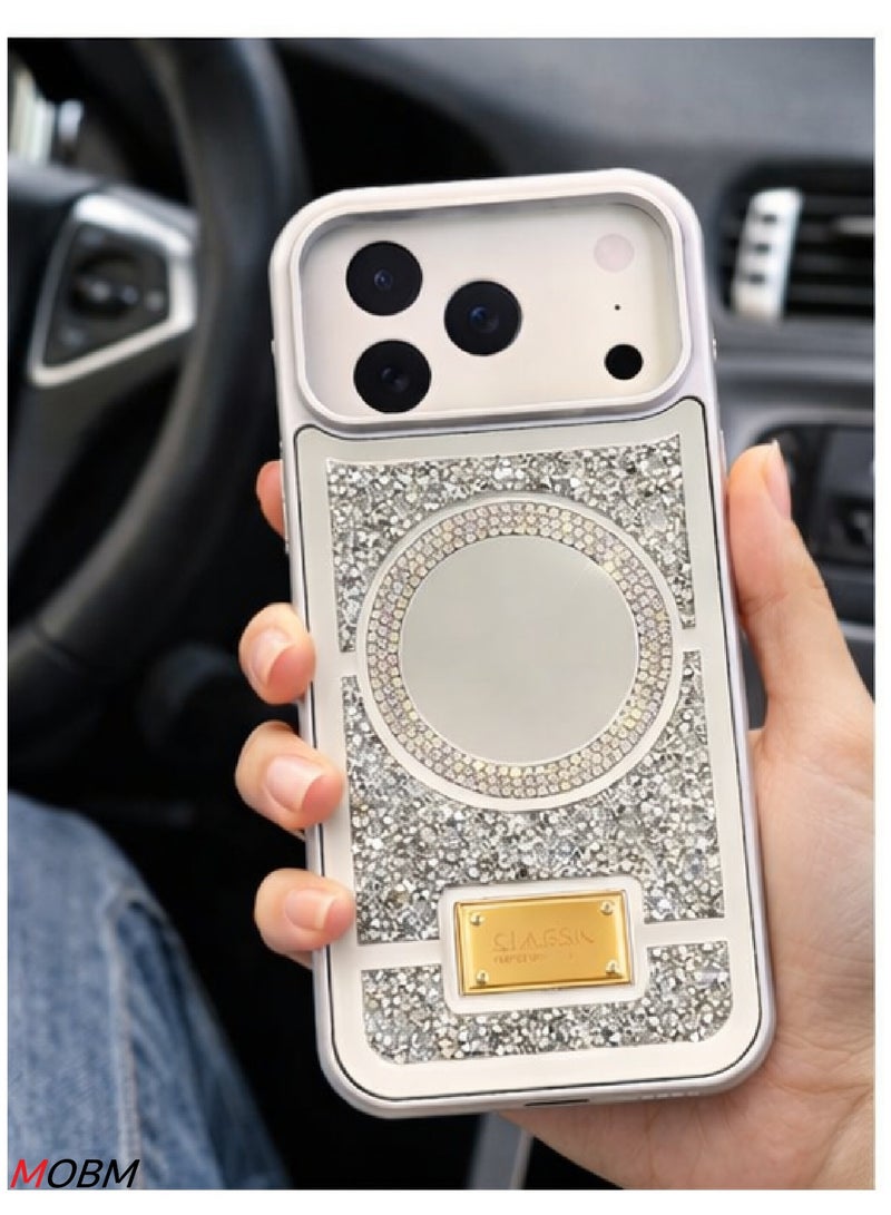 MOBM Case for iPhone 17 Pro Case with Mirror Cute Luxury Sparkle Glitter Diamond Crystal Rhinestone Protective Cover Silver (iPhone "17 Pro") - Image 4